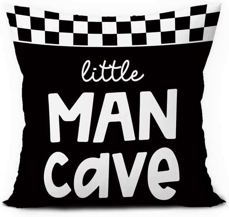 ETVISO Boys Car Room Decor, Little Man Cave Pillow Cover 18x18, Trendy Black and White Checkerboard Decorative Throw Pillow Case for Boys Bedroom Playroom Nursery - Image 1